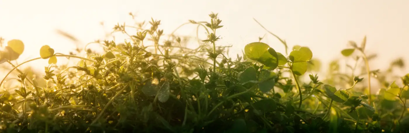 Clover, vetch and low grasses at first light, backlit so the dew and pollen catch the sun.