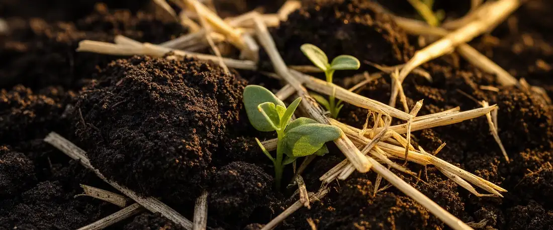 Dark crumbly compost threaded with pale straw, with two small seedlings coming up through it.