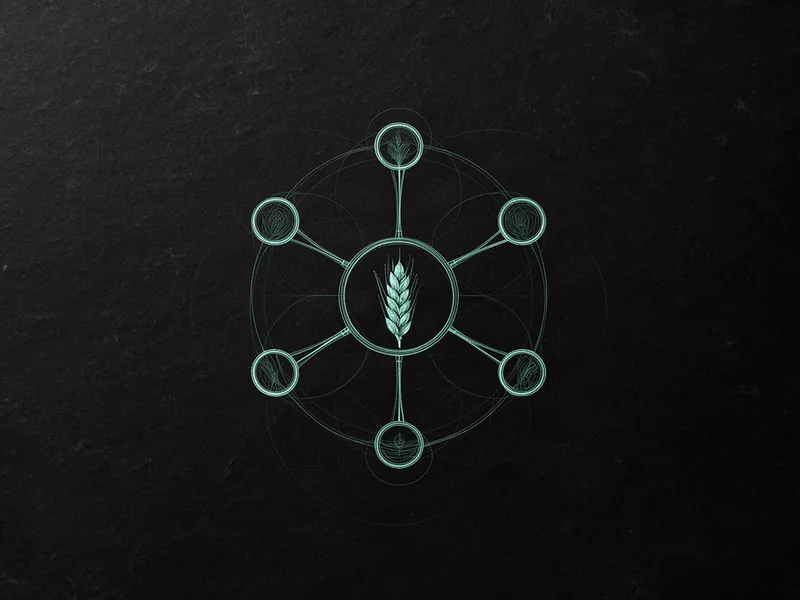 Engraved teal line drawing of a ring of linked circles around a central head of wheat